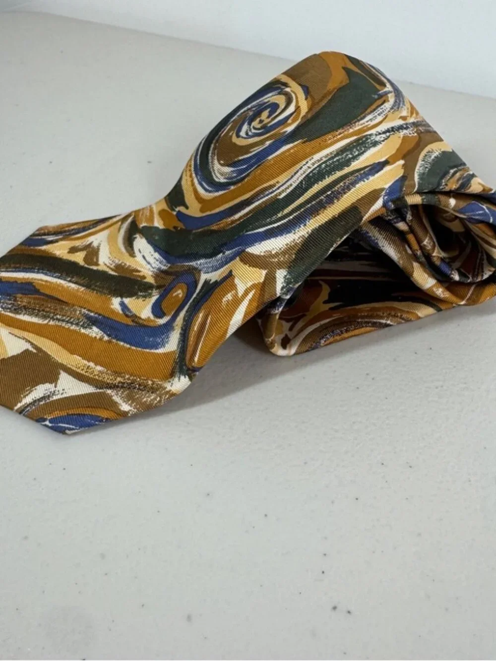 Lavatelli Silk Abstract Patterned Men's Tie Swirl Brown Blue Vintage Designer